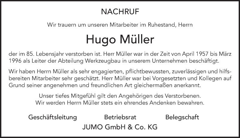  Traueranzeige für Hugo Müller vom 29.01.2021 aus FZ