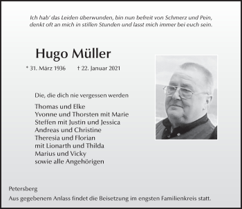 Traueranzeige von Hugo Müller von FZ