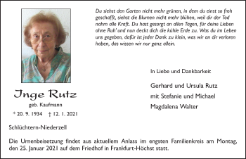 Traueranzeige von Inge Rutz von FZ