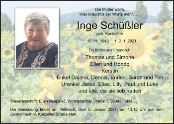 Traueranzeige von Inge Schüßler von FZ