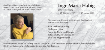 Traueranzeige von Inge Maria Habig von FZ