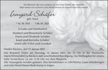 Traueranzeige von Irmgard Schäfer von FZ