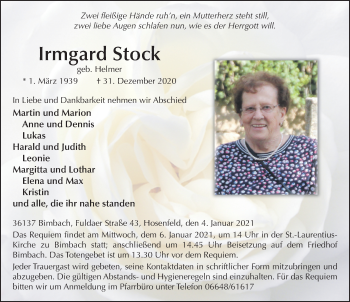 Traueranzeige von Irmgard Stock von FZ