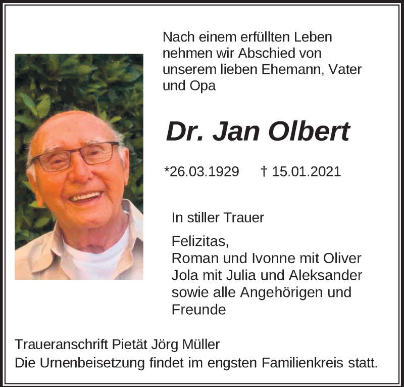  Traueranzeige für Jan Olbert vom 23.01.2021 aus FZ