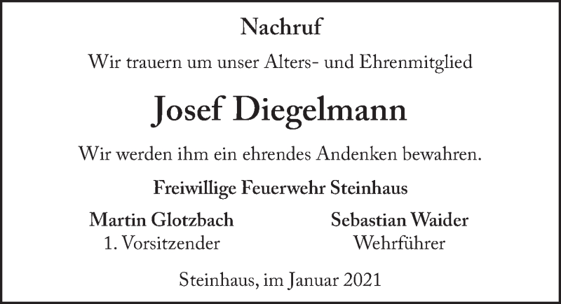  Traueranzeige für Josef Diegelmann vom 30.01.2021 aus FZ