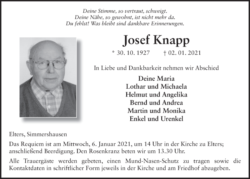  Traueranzeige für Josef Knapp vom 05.01.2021 aus FZ