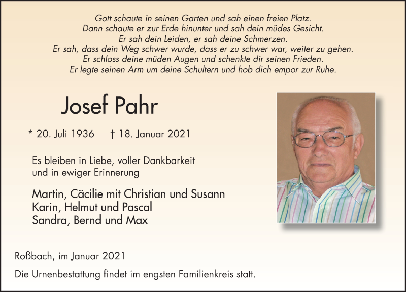  Traueranzeige für Josef Pahr vom 22.01.2021 aus FZ
