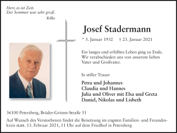 Traueranzeige von Josef Stadermann von FZ