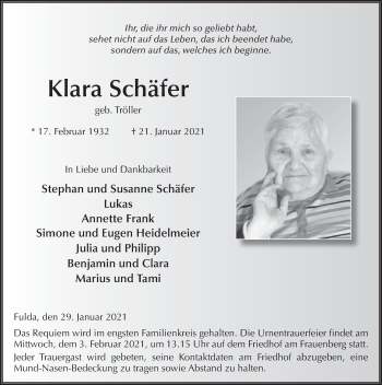 Traueranzeige von Klara Schäfer von FZ