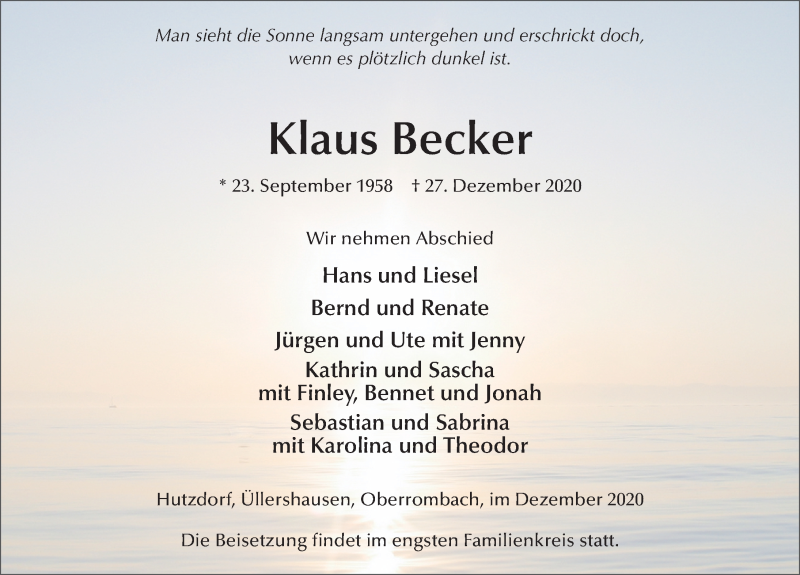  Traueranzeige für Klaus Becker vom 02.01.2021 aus FZ