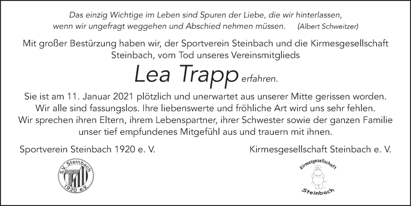  Traueranzeige für Lea Trapp vom 20.01.2021 aus FZ