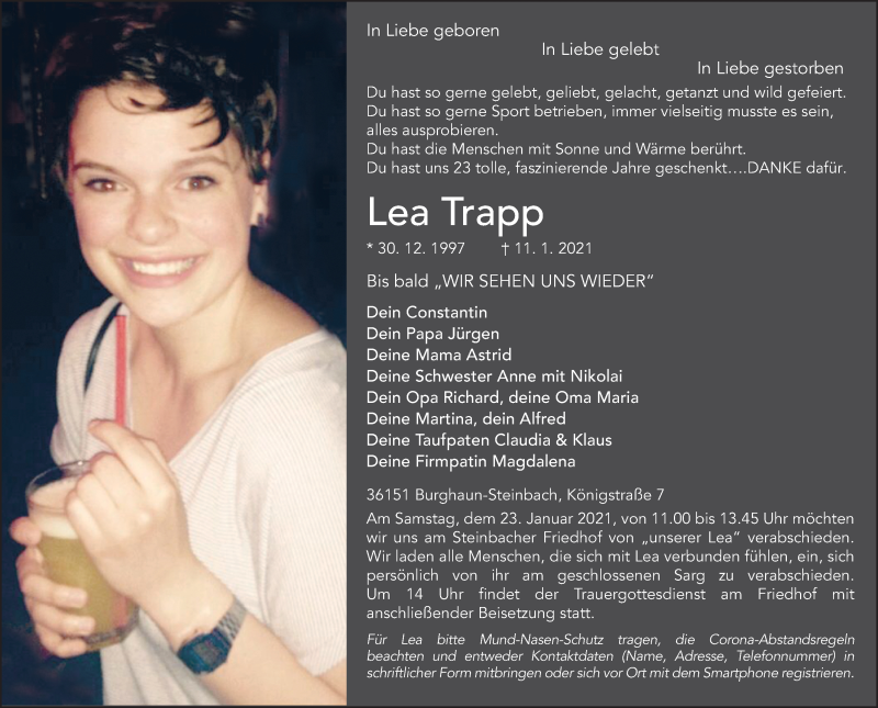  Traueranzeige für Lea Trapp vom 20.01.2021 aus FZ