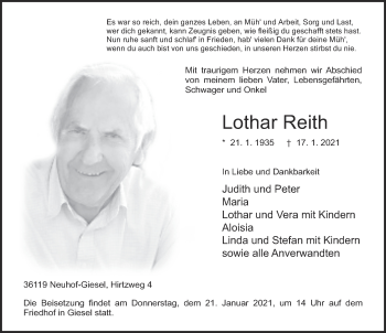 Traueranzeige von Lothar Reith von FZ