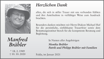 Traueranzeige von Manfred Brähler von FZ