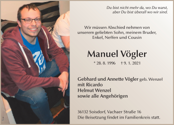 Traueranzeige von Manuel Vögler von FZ