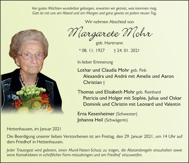  Traueranzeige für Margarete Mohr vom 27.01.2021 aus FZ
