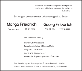 Traueranzeige von Marga und Georg Friedrich von FZ