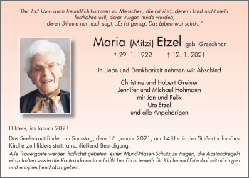 Traueranzeige von Maria Etzel von FZ