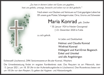 Traueranzeige von Maria Konrad von FZ