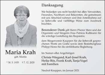 Traueranzeige von Maria Krah von FZ