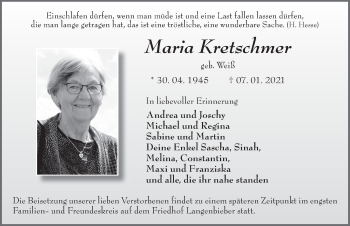 Traueranzeige von Maria Kretschmer von FZ