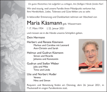 Traueranzeige von Maria Käsmann von FZ