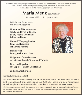Traueranzeige von Maria Menz von FZ