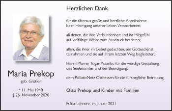 Traueranzeige von Maria Prekop von FZ