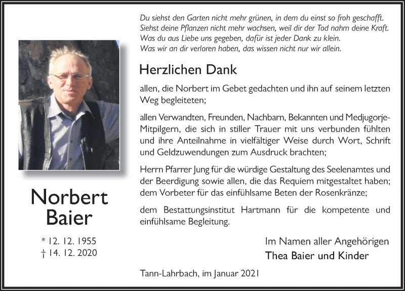  Traueranzeige für Norbert Baier vom 23.01.2021 aus FZ