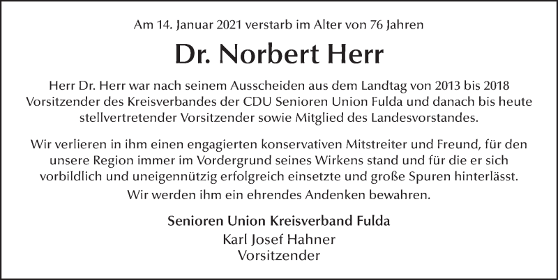  Traueranzeige für Norbert Herr vom 20.01.2021 aus FZ