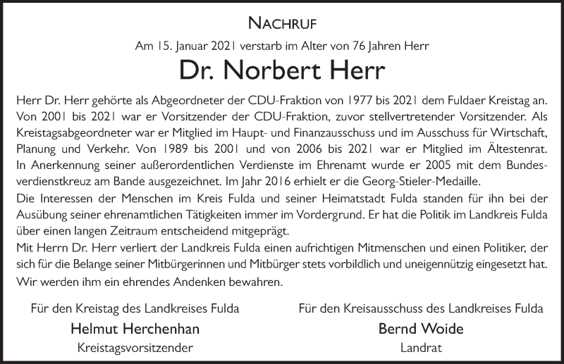  Traueranzeige für Norbert Herr vom 19.01.2021 aus FZ