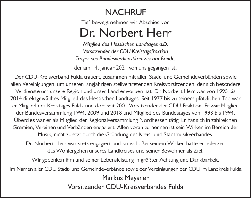  Traueranzeige für Norbert Herr vom 20.01.2021 aus FZ