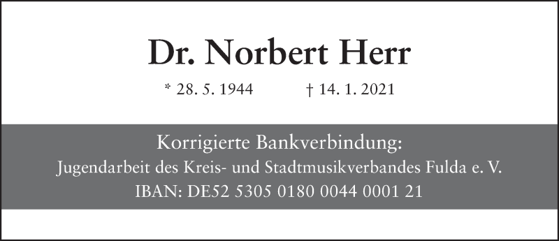  Traueranzeige für Norbert Herr vom 20.01.2021 aus FZ