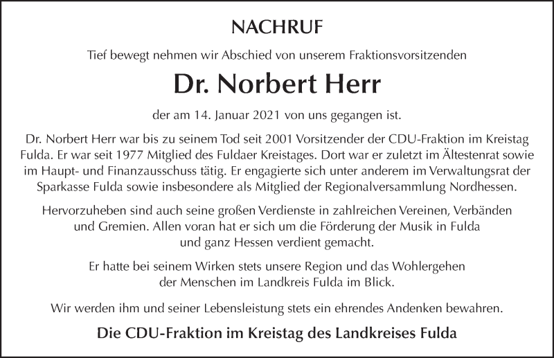  Traueranzeige für Norbert Herr vom 20.01.2021 aus FZ