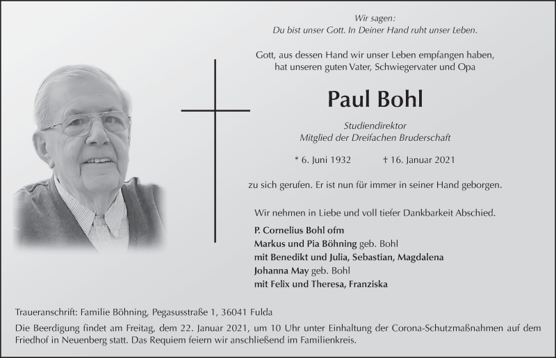  Traueranzeige für Paul Bohl vom 20.01.2021 aus FZ