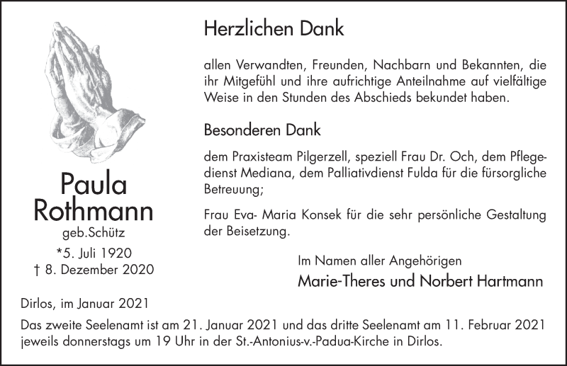  Traueranzeige für Paula Rothmann vom 14.01.2021 aus FZ