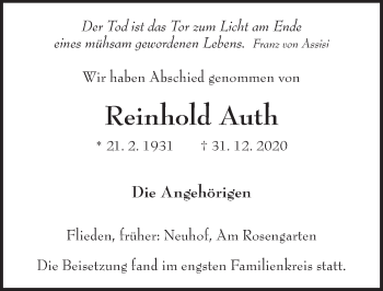 Traueranzeige von Reinhold Auth von FZ