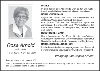 Traueranzeige von Rosa Arnold von FZ