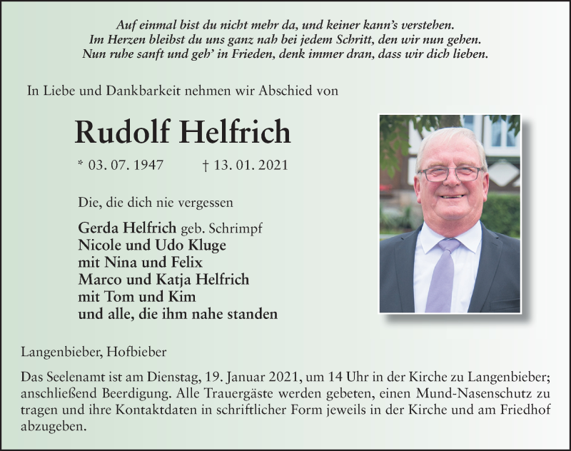  Traueranzeige für Rudolf Helfrich vom 16.01.2021 aus FZ