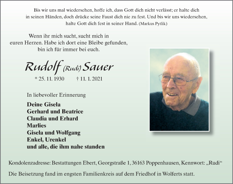  Traueranzeige für Rudolf Sauer vom 15.01.2021 aus FZ