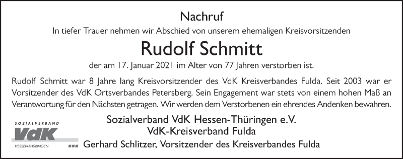  Traueranzeige für Rudolf Schmitt vom 22.01.2021 aus FZ