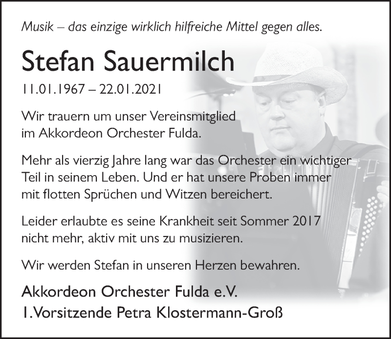  Traueranzeige für Stefan Sauermilch vom 30.01.2021 aus FZ