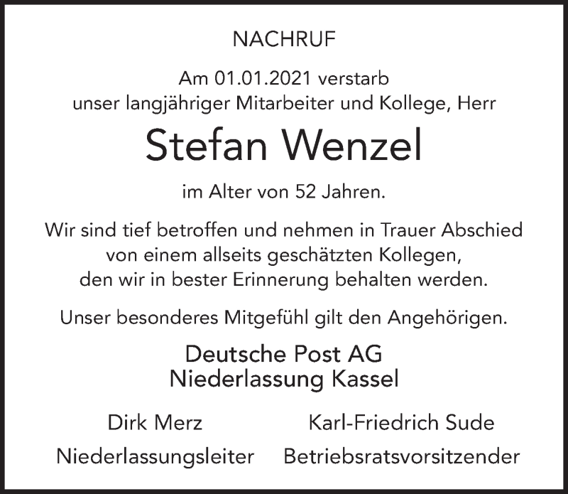  Traueranzeige für Stefan Wenzel vom 09.01.2021 aus FZ