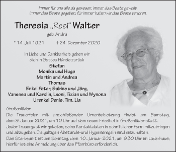 Traueranzeige von Theresia Walter von FZ