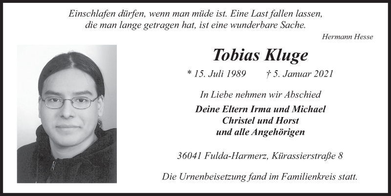  Traueranzeige für Tobias Kluge vom 27.01.2021 aus FZ