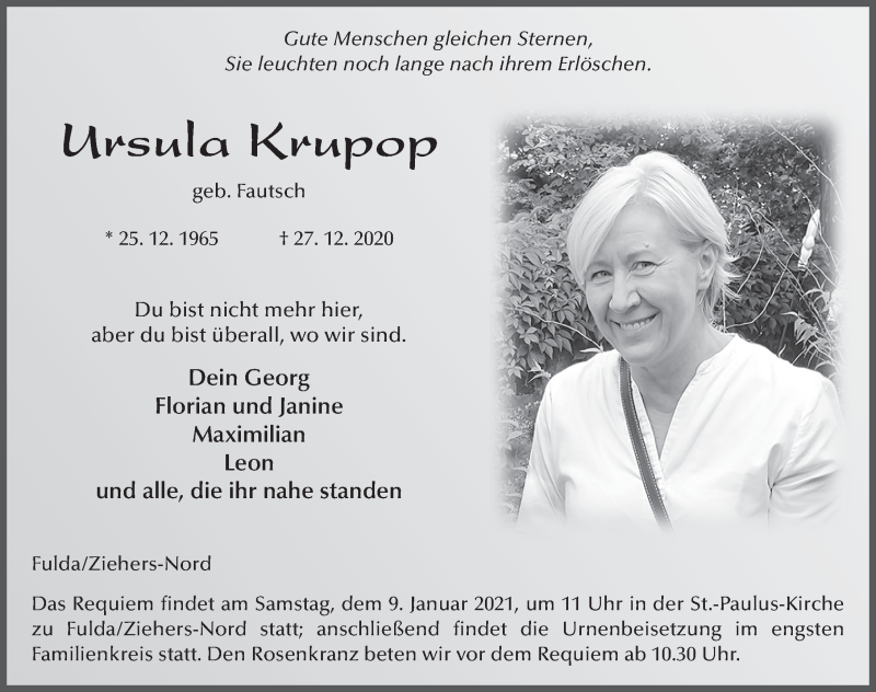  Traueranzeige für Ursula Krupop vom 02.01.2021 aus FZ