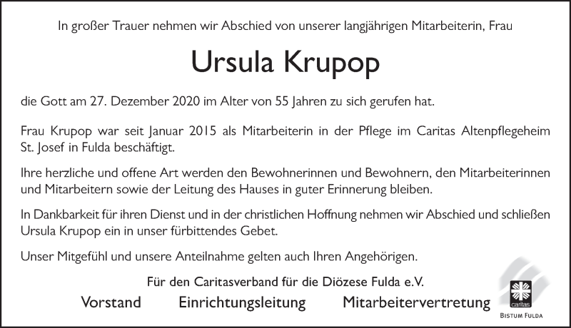  Traueranzeige für Ursula Krupop vom 02.01.2021 aus FZ