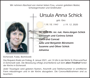 Traueranzeige von Ursula Anna Schick von FZ