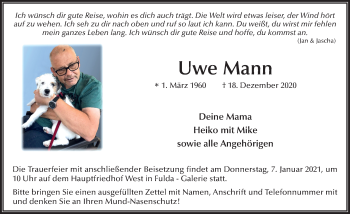 Traueranzeige von Uwe Mann von FZ