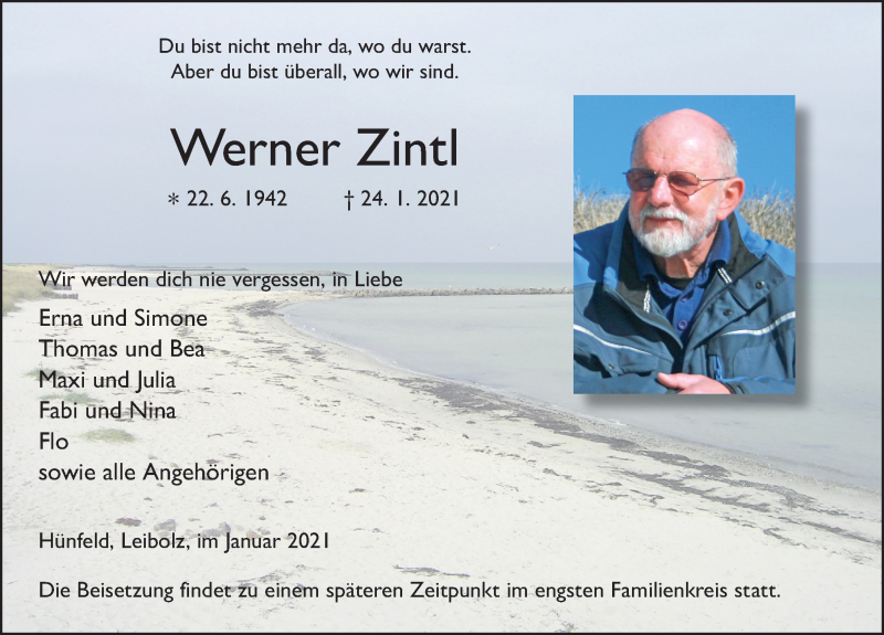  Traueranzeige für Werner Zintl vom 30.01.2021 aus FZ